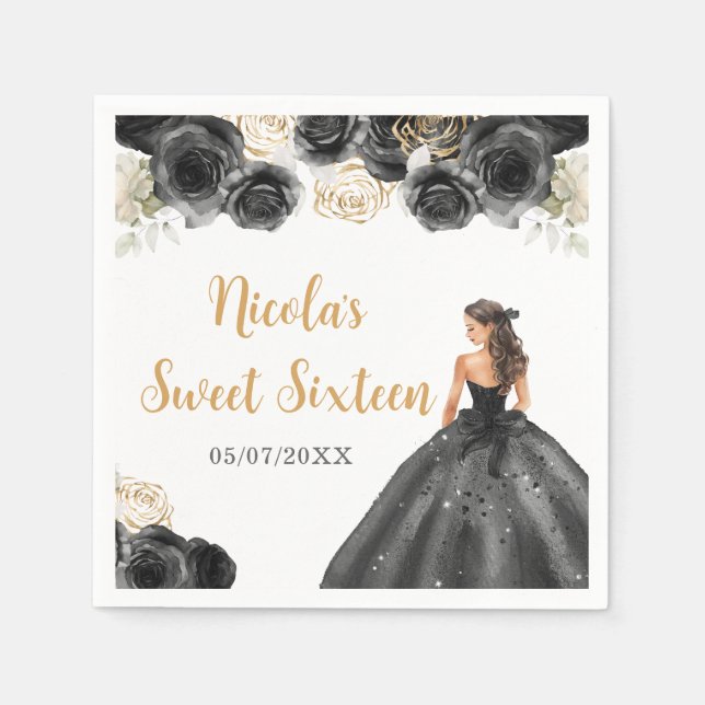 Servilleta De Papel Princesa floral con vestido negro dulce dieciséis (Anverso)