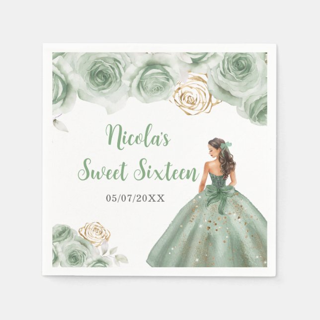 Servilleta De Papel Princesa floral con vestido verde sabio Dieciséis (Anverso)