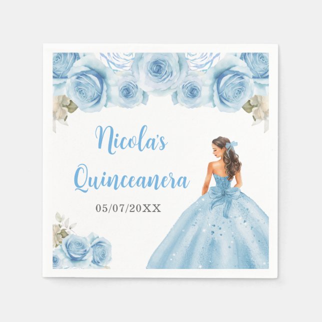 Servilleta De Papel Princesa floral con vestimenta azul Quinceanera (Anverso)