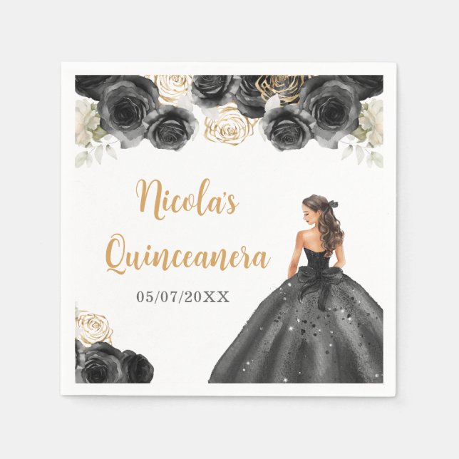 Servilleta De Papel Princesa floral con vestimenta negra Quinceanera (Anverso)