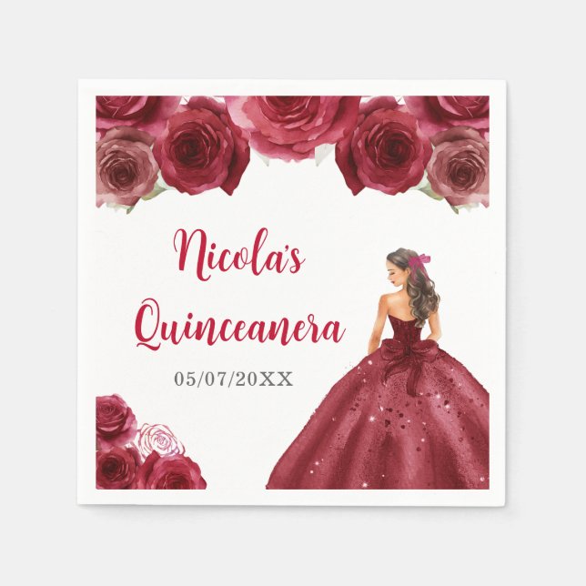 Servilleta De Papel Princesa floral con vestimenta roja Quinceanera (Anverso)