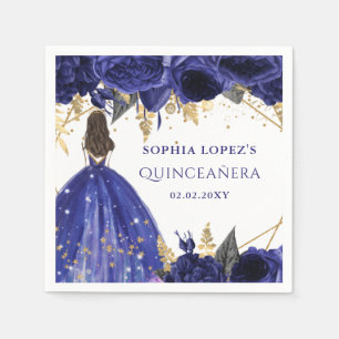 Servilleta De Papel Princesa floral real de oro azul Quinceanera