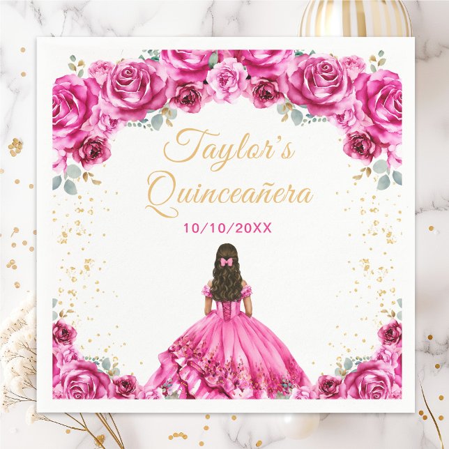 Servilleta De Papel Princesa Floral Rosa Caliente Quinceañera (Subido por el creador)