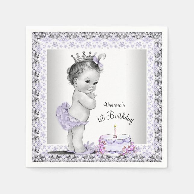 Servilleta De Papel Princesa Morada chicas Primer cumpleaños (Anverso)