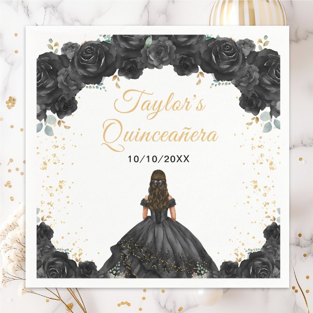 Servilleta De Papel Princesa Negra Floral Quinceañera (Subido por el creador)