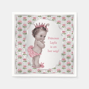 Servilleta De Papel Princesa Pink Roses Silver Baby Shower del vintage