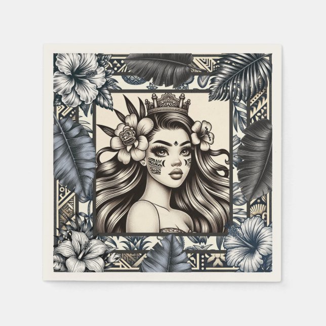 Servilleta De Papel Princesa Polinesia Floral Tribal Azul (Anverso)