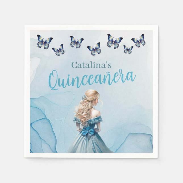 Servilleta De Papel Princesa Quinceañera de la mariposa de oro azul (Anverso)