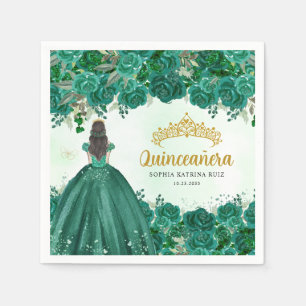 Servilleta De Papel Princesa verde esmeralda floral Tiara Quinceanera