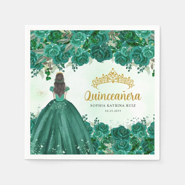 Servilleta De Papel Princesa verde esmeralda floral Tiara Quinceanera (Anverso)