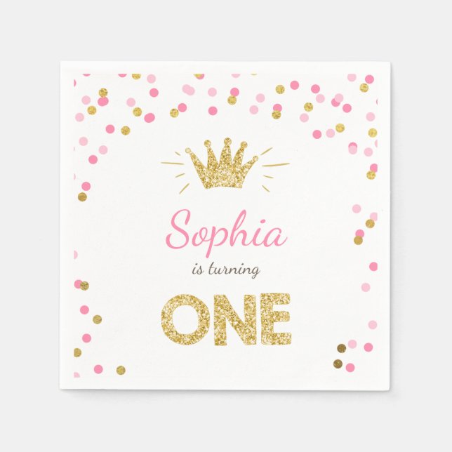Servilleta De Papel Princess First Cumpleaños Paper Napkin Gold Pink (Anverso)