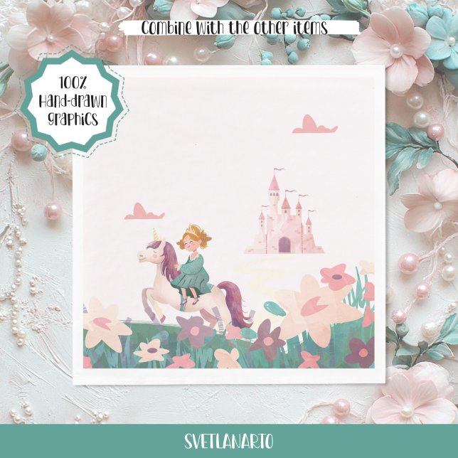 Servilleta De Papel Princess Riding Unicorn Paper Napkins (Frontal view)