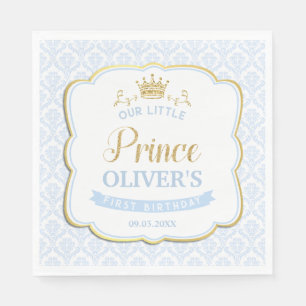 Servilleta De Papel Principito Azul Damask Crown de oro 1er cumpleaños