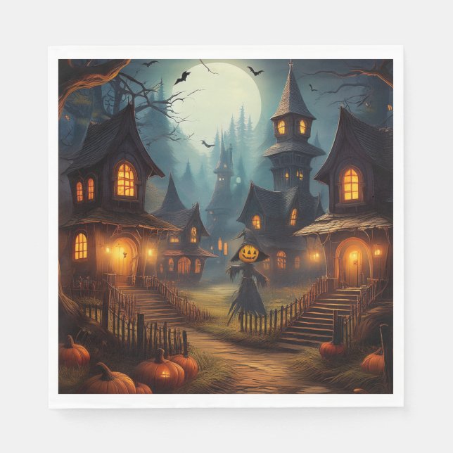 Servilleta De Papel Pueblo Embrujado de Halloween con Espantapájaros (Anverso)