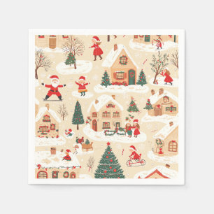 Servilleta De Papel Pueblo navideño rojo verde patrón beige nevado
