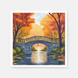 Servilleta De Papel Puente del parque de otoño   Acuarela de follaje d