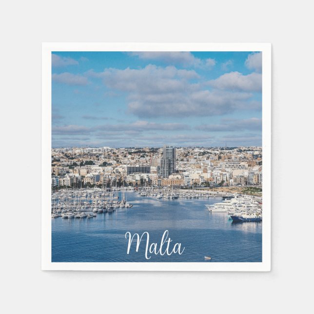 Servilleta De Papel Puerto de Sliema con edificios modernos y barcos (Anverso)