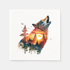Servilleta De Papel Puesta de sol de doble exposición de lobo aullando