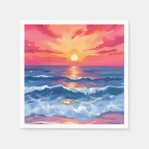 Servilleta De Papel Puesta de sol en la costa fucsia Acuarela de ola