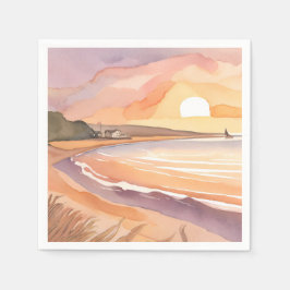 Servilleta De Papel Puesta de sol en la playa en acuarela | Hermosa pi