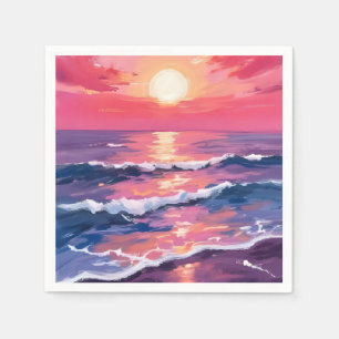 Servilleta De Papel Puesta de sol rosa olas de océano púrpura acuarela