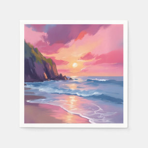Servilleta De Papel Puesta de sol rosa olas de playa de océano acuarel
