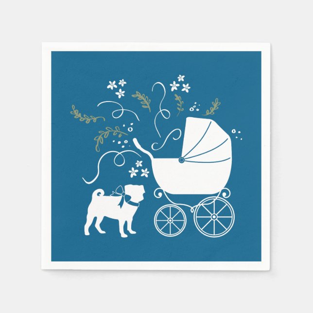Servilleta De Papel Pug Dog Baby Shower Boy Blue con Bow (Anverso)