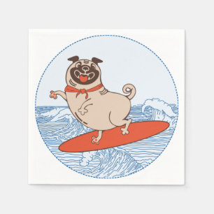 Servilleta De Papel Pug feliz montando una ola en una tabla de surf