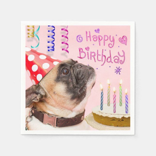 Servilleta De Papel Pug fiesta y pastel de cumpleaños (Anverso)
