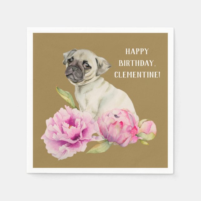 Servilleta De Papel Pug y peonías | Pintura de acuarela | Cumpleaños (Anverso)