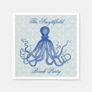 Servilleta De Papel Pulpo azul del vintage con el fiesta de la playa