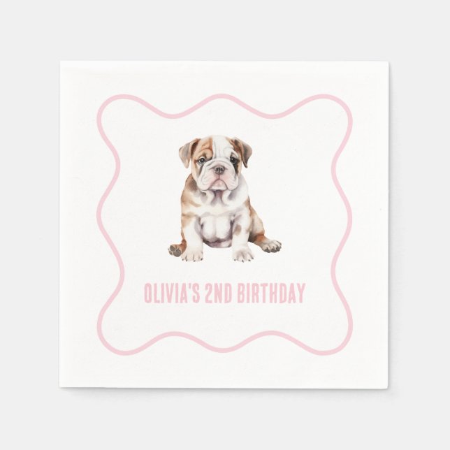 Servilleta De Papel Puppy bulldog preppy pink plaid birthday (Anverso)