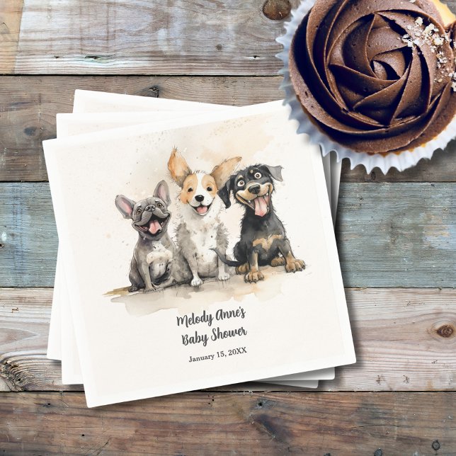 Servilleta De Papel Puppy Dog Watercolor Baby Shower (Watercolor Puppy Dogs Baby Shower Napkin with Mom's Name, Date.)