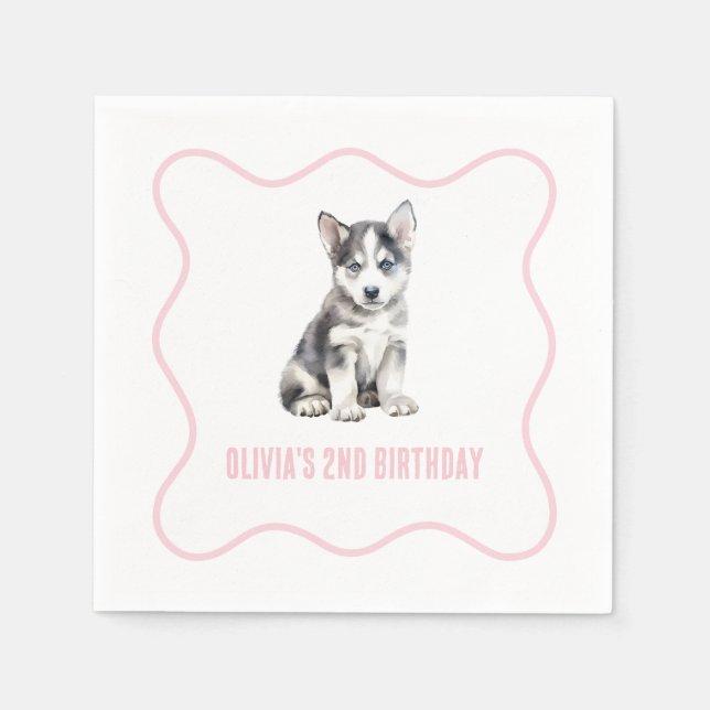 Servilleta De Papel Puppy husky preppy pink plaid birthday (Anverso)