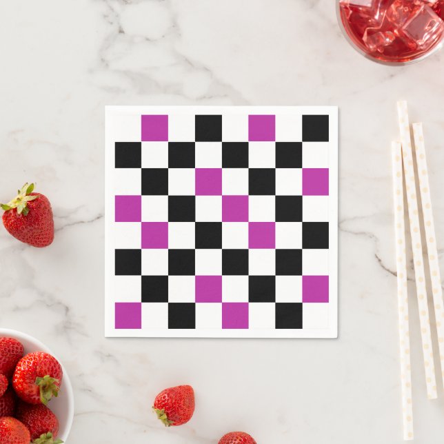 Servilleta De Papel Purple Black White Checkered Pattern Design  (In situ)