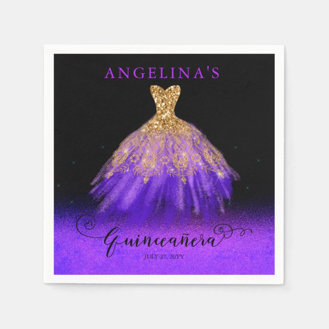 Servilleta De Papel Purple elegante | Gown Gold Española Quinceañera (Anverso)