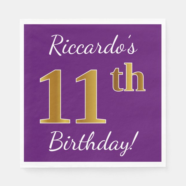 Servilleta De Papel Purple, Faux Gold 11th Birthday + Custom Name (Anverso)