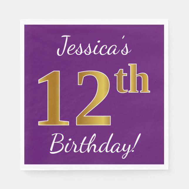 Servilleta De Papel Purple, Faux Gold 12th Birthday + Custom Name (Anverso)