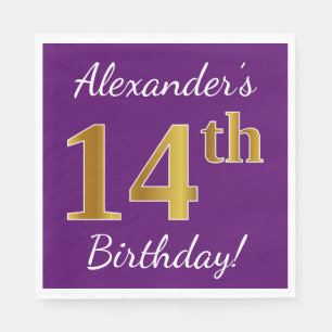Servilleta De Papel Purple, Faux Gold 14th Birthday + Custom Name
