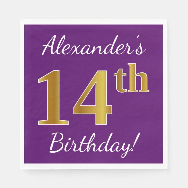 Servilleta De Papel Purple, Faux Gold 14th Birthday + Custom Name (Anverso)