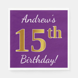 Servilleta De Papel Purple, Faux Gold 15th Birthday + Custom Name