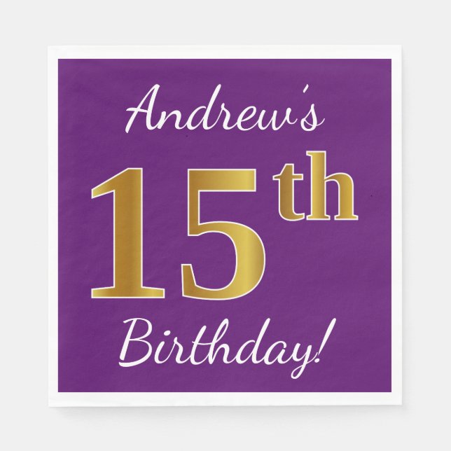 Servilleta De Papel Purple, Faux Gold 15th Birthday + Custom Name (Anverso)