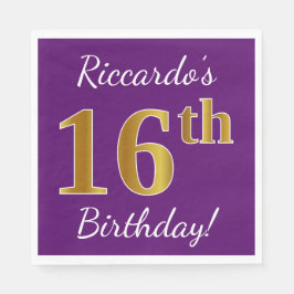 Servilleta De Papel Purple, Faux Gold 16th Birthday + Custom Name