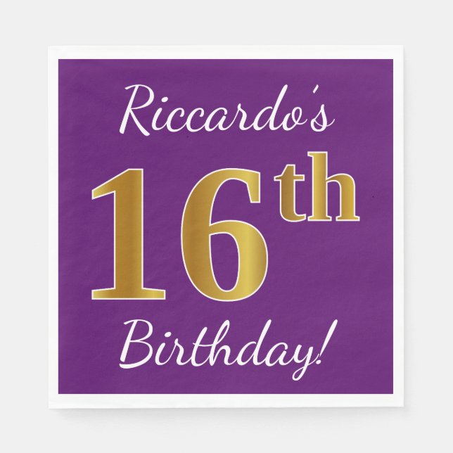 Servilleta De Papel Purple, Faux Gold 16th Birthday + Custom Name (Anverso)