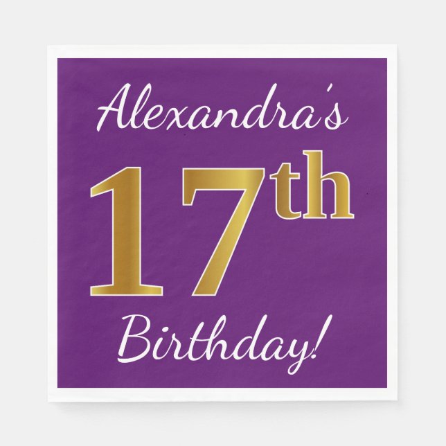 Servilleta De Papel Purple, Faux Gold 17th Birthday + Custom Name (Anverso)