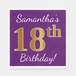 Servilleta De Papel Purple, Faux Gold 18th Birthday + Custom Name