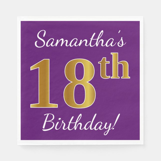 Servilleta De Papel Purple, Faux Gold 18th Birthday + Custom Name (Anverso)