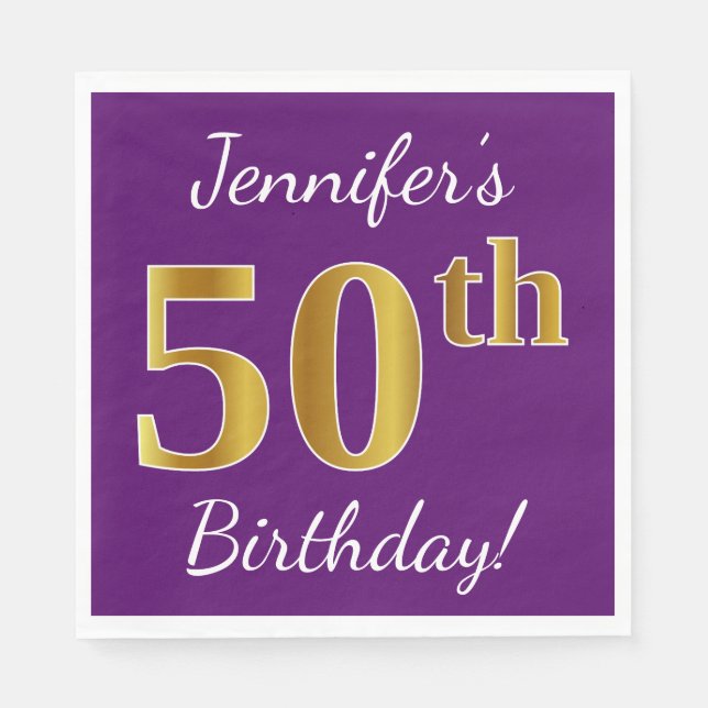 Servilleta De Papel Purple, Faux Gold 50 cumpleaños + Nombre personali (Anverso)