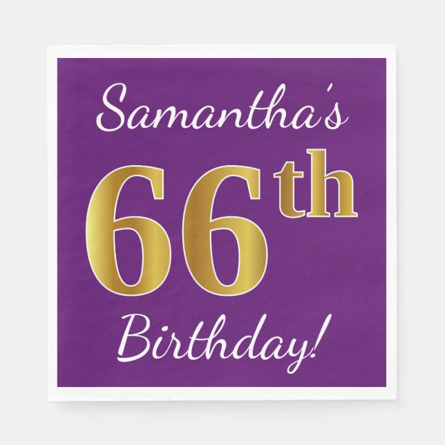 Servilleta De Papel Purple, Faux Gold 66th Birthday + Custom Name (Anverso)