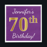 Servilleta De Papel Purple, Faux Gold 70th Birthday   Custom Name<br><div class="desc">Este sencillo diseño de servilletas de papel muestra un mensaje como "¡70 cumpleaños de Jennifer!",  con el "70" en falso aspecto dorado,  en un fondo morado. El nombre se puede personalizar. Se podría usar en una fiesta de cumpleaños para alguien que esté celebrando su septuagésimo cumpleaños. [~Z0000085]</div>